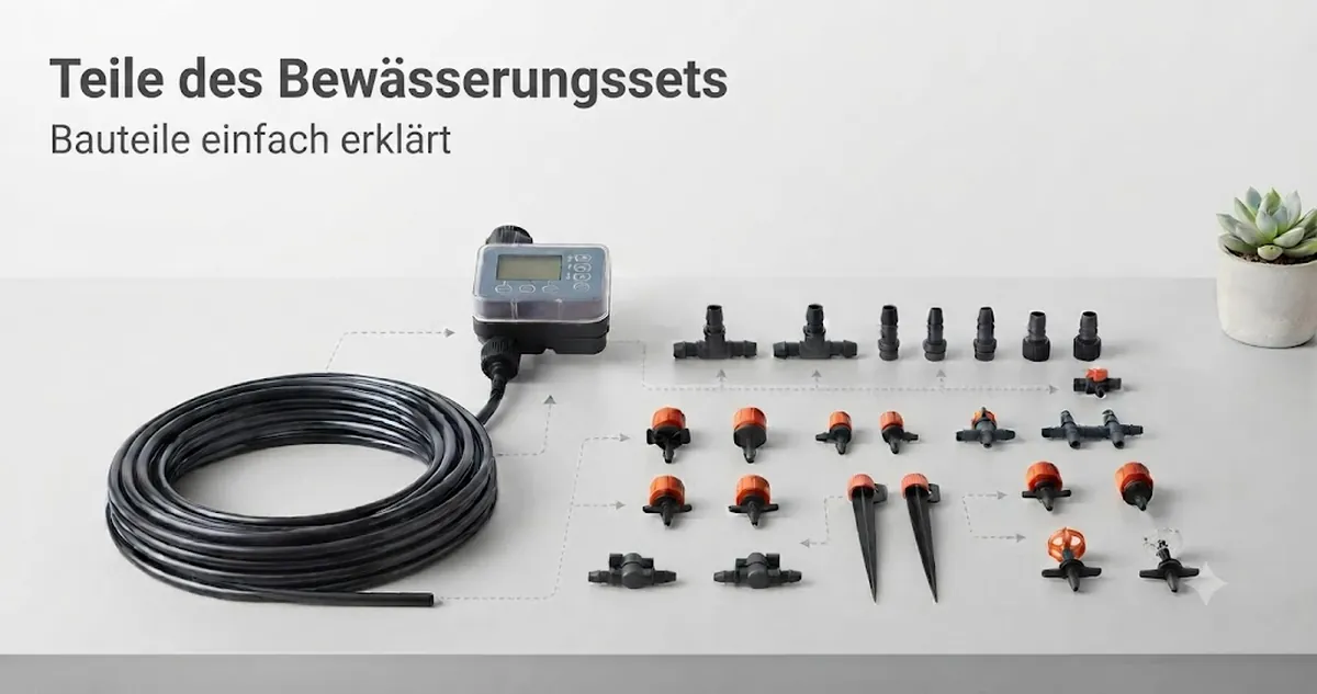 Teile eines automatischen Bewässerungssets mit Schlauch, Tropfern, Verbindern, Ventilen und Timerteilen