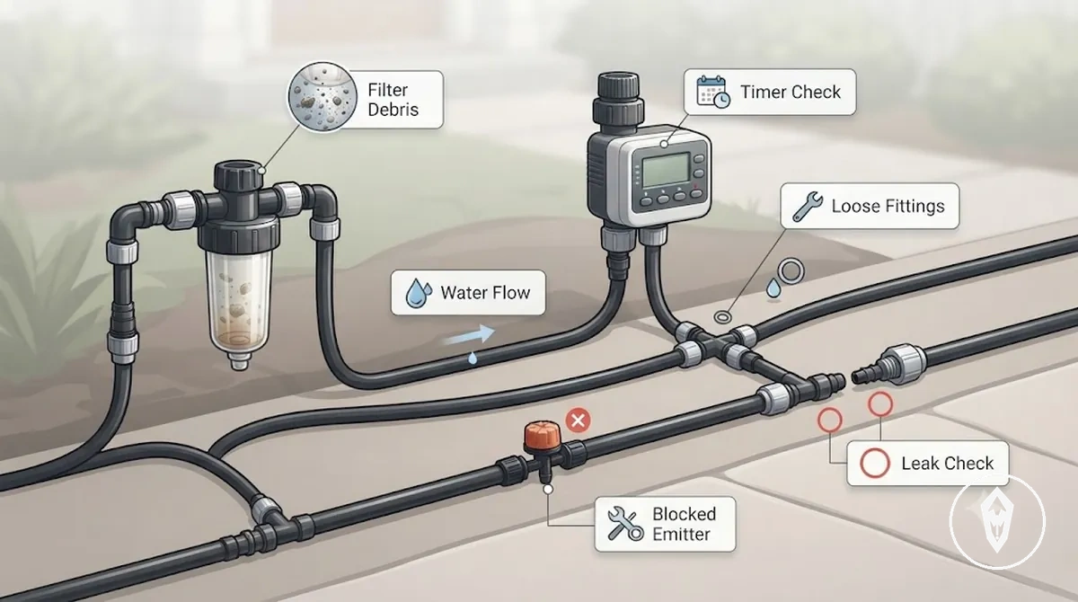 Teile eines automatischen Bewässerungssets werden überprüft, um Verstopfungen, Undichtigkeiten und ungleichmäßige Wasserverteilung zu verhindern