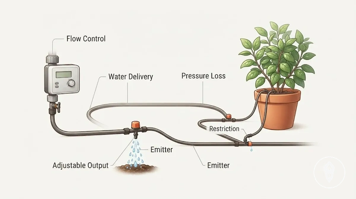 Diagramm, das Durchflusseinstellungen zur Steuerung der Wasserabgabe mit Durchflussregelung, Tropfern, Schläuchen und Pflanzenbewässerung zeigt