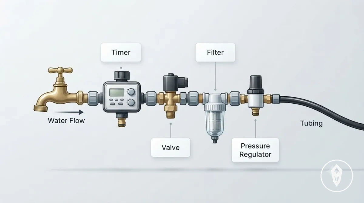 Steuerungsseitige Teile eines automatischen Bewässerungssets mit Timer, Ventil, Filter und Druckregler