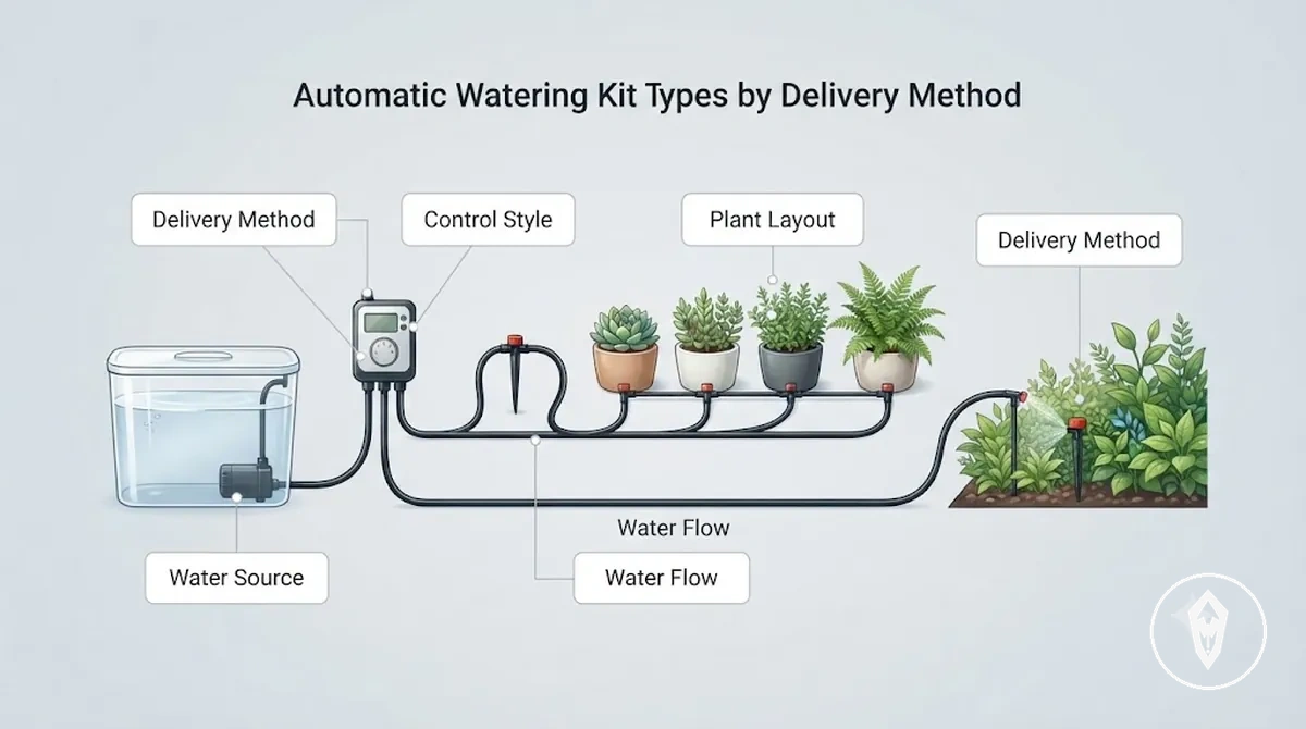 Klassifikation automatischer Bewässerungssets mit Wasserweg, Steuerungsmethode, Versorgungsquelle und Pflanzenplatzierung