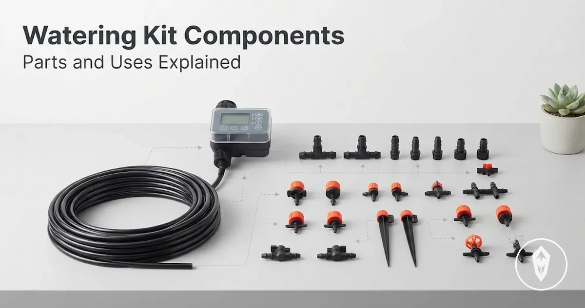 Automatic watering kit components including tubing, drip emitters, connectors, valves, and timer parts