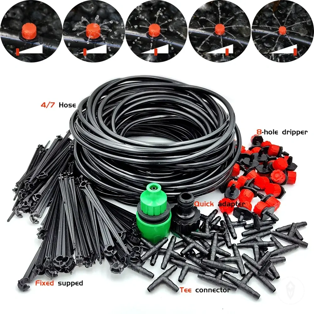 Adjustable drip watering kit with garden hose and micro drip drippers