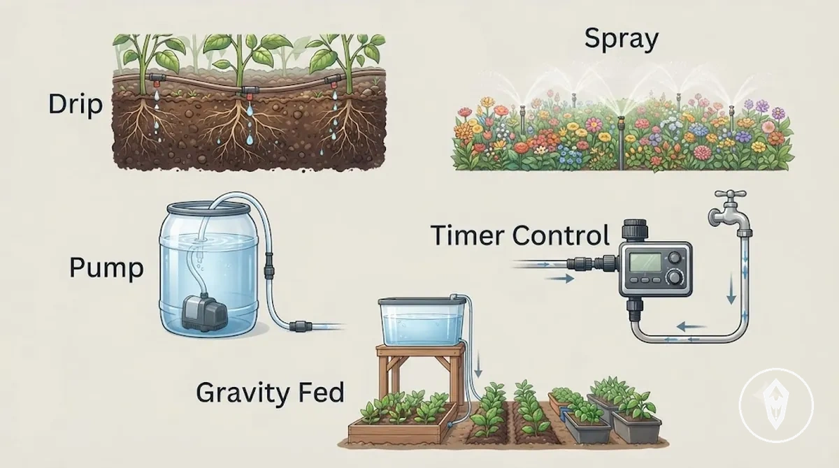 Comparison of drip, spray, pump, timer-controlled, and gravity-fed watering formats