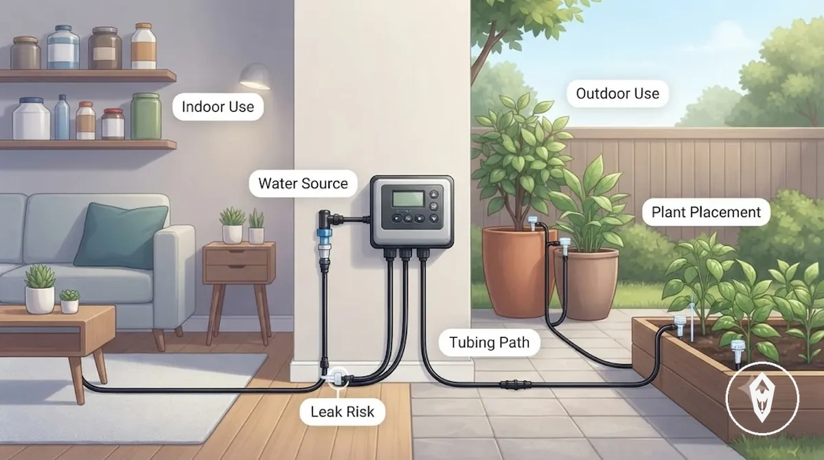 Automatic watering kit connected to indoor and outdoor plant setups showing compatibility factors
