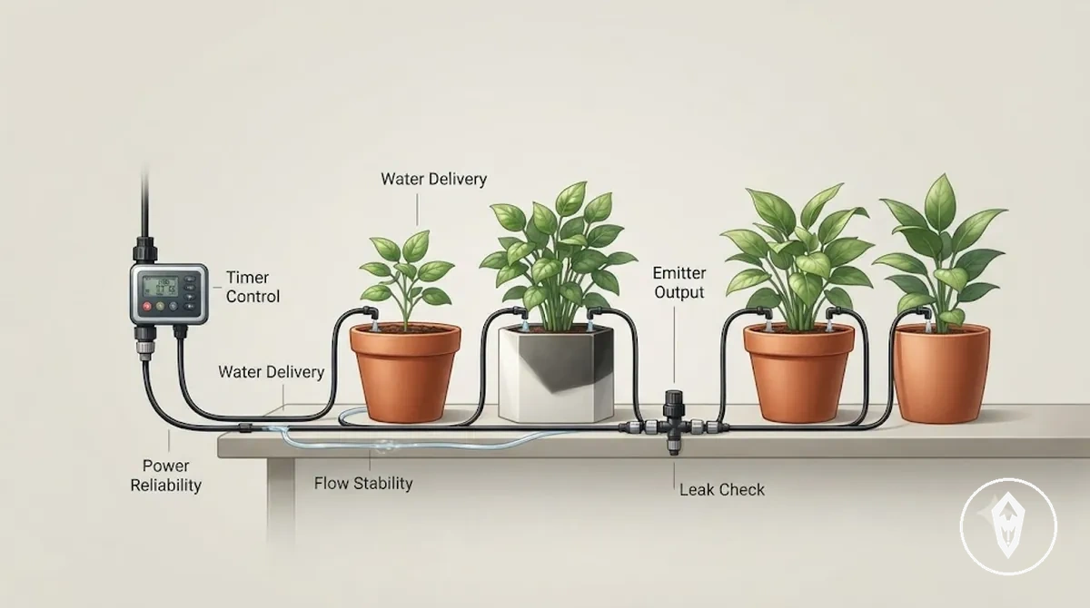 Annotated automatic watering kit showing emitter output tubing flow control and connection checks
