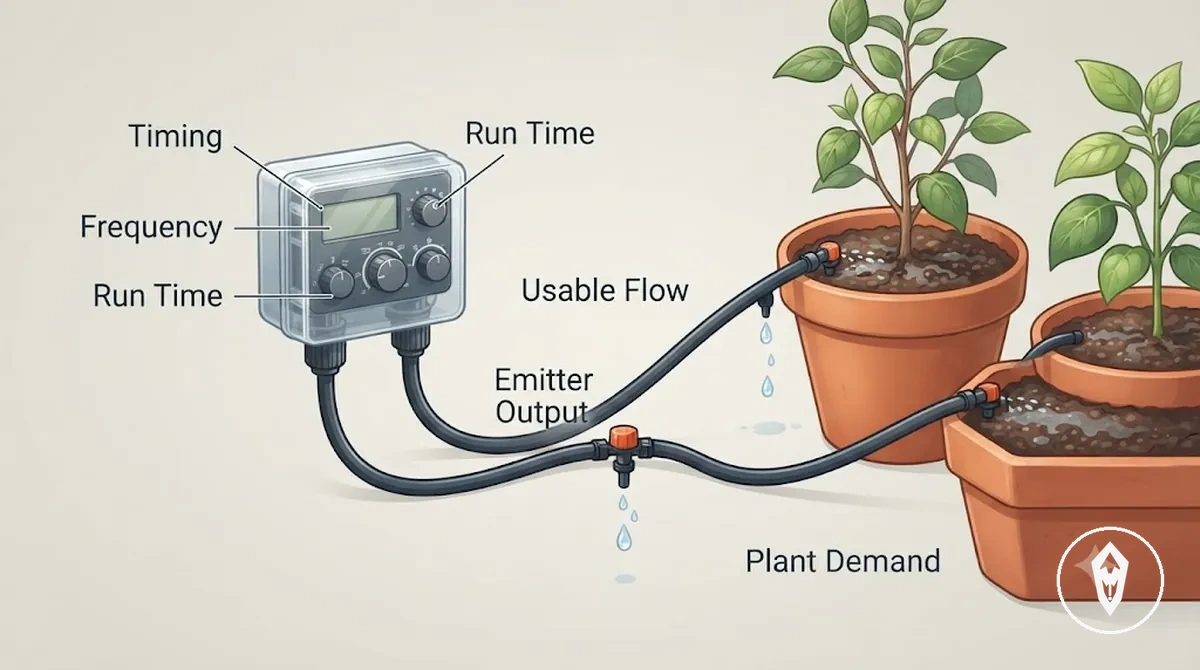 Diagram showing how timing, duration, and flow work together with timer settings, tubing, emitter output, and water delivery