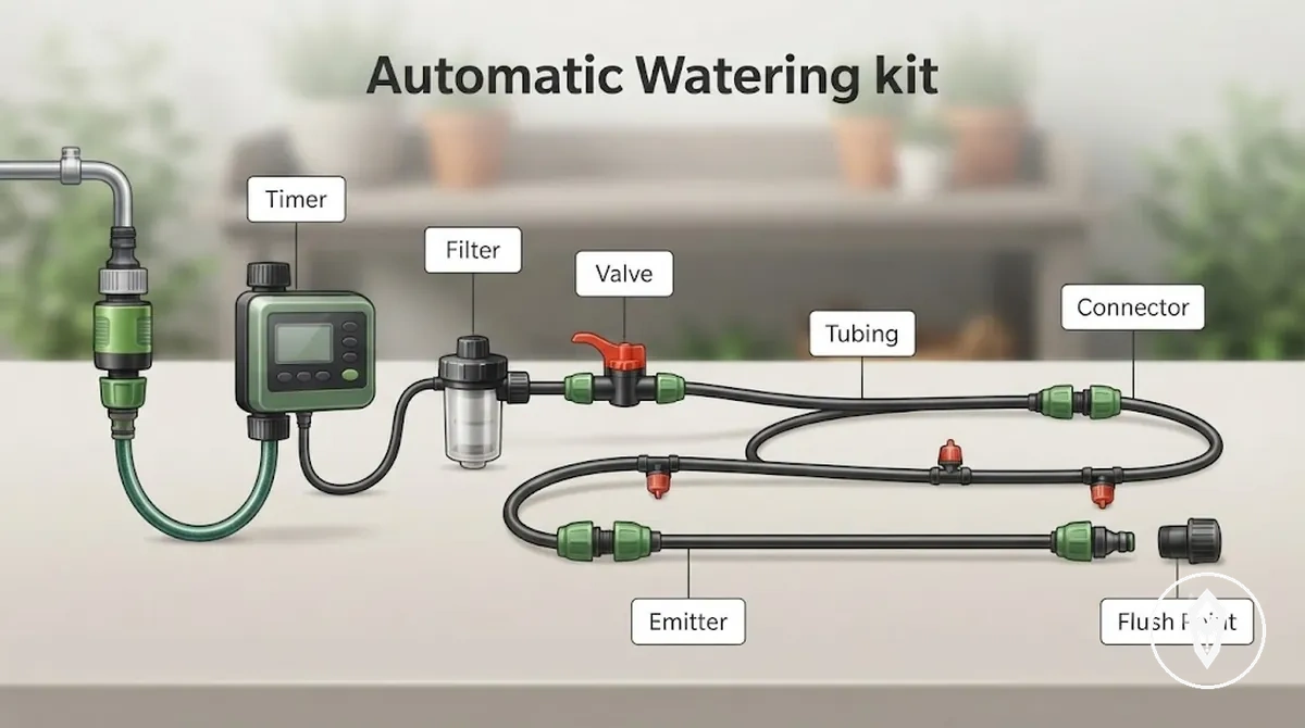 Automatic watering kit parts including filter emitter tubing connectors valve timer and flush point components