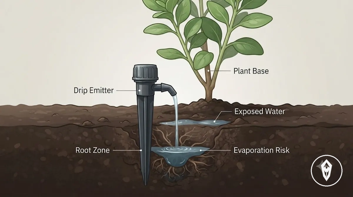 Annotated drip emitter near a plant base showing root-zone watering, soil surface, and exposed water areas