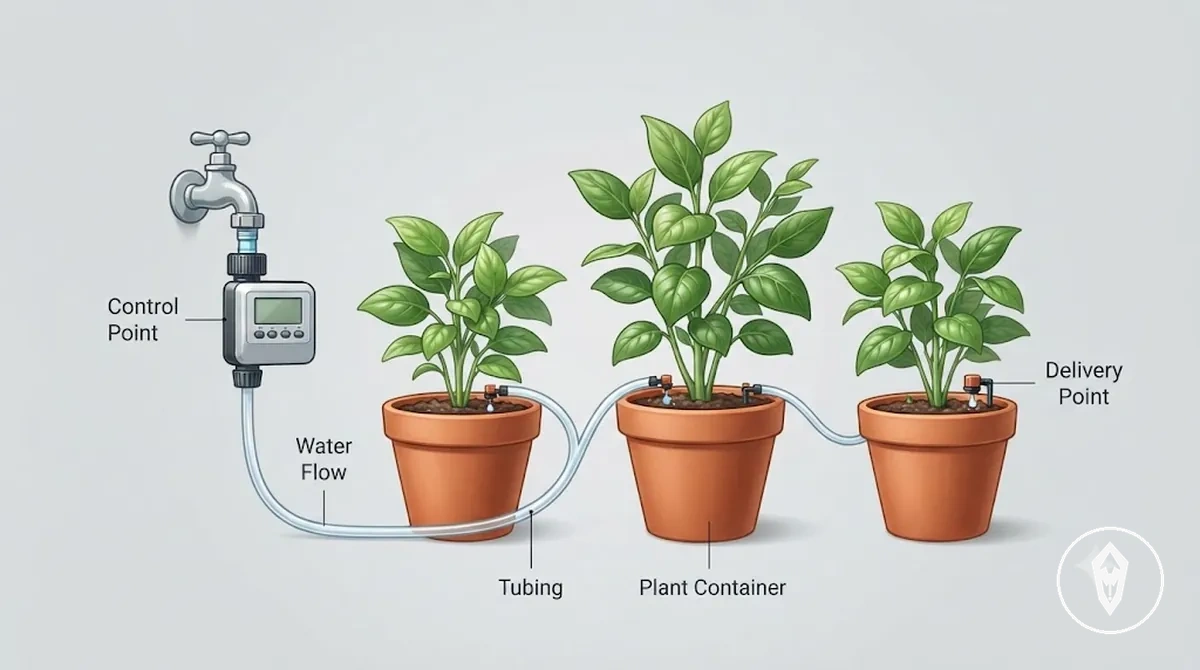 Automatic watering kit delivering controlled water to potted plants through tubing