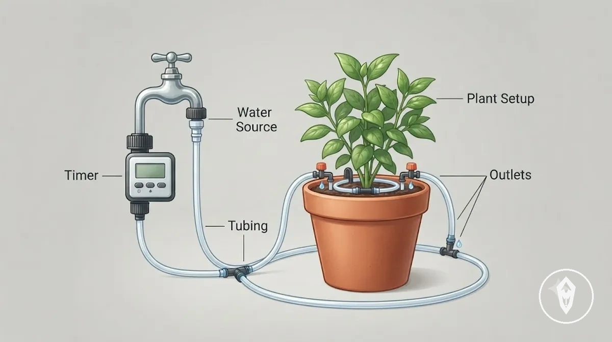 Labeled automatic watering kit showing timer, tubing, connectors, and drip outlets for plants