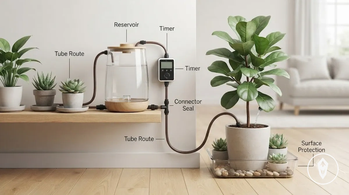 Indoor automatic watering kit showing leak risks, surface protection, and component placement
