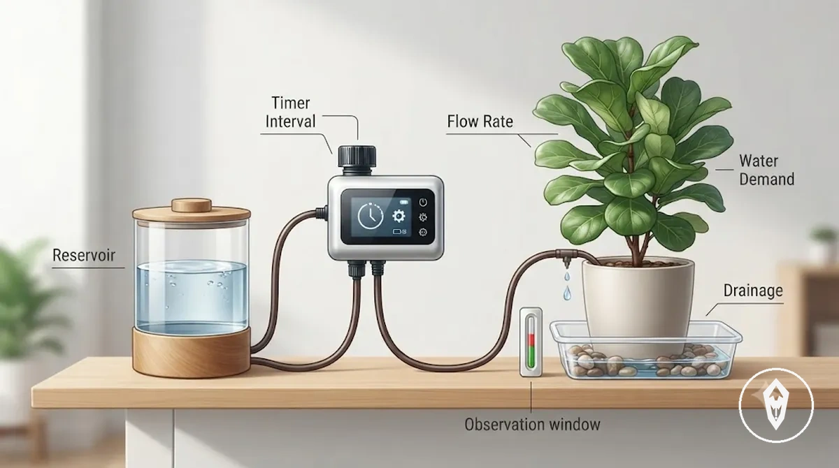 Automatic watering kit timer and plant container showing schedule checks for indoor overflow risk