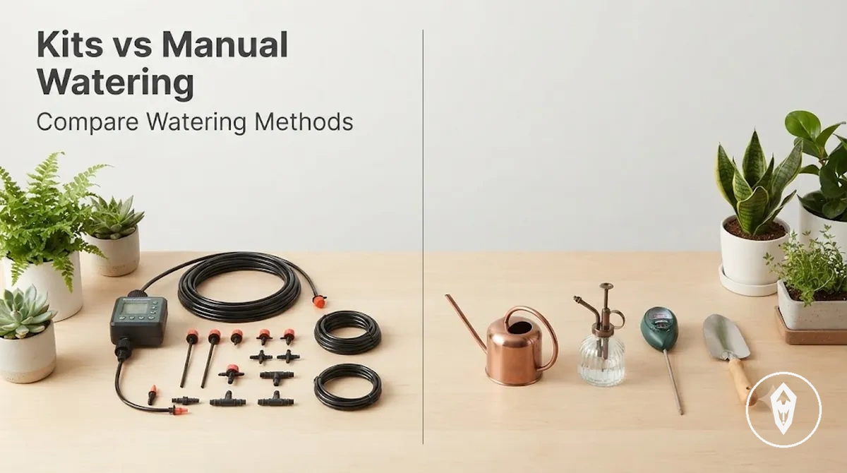 Automatic watering kit setup compared with hand watering tools for plant watering decisions