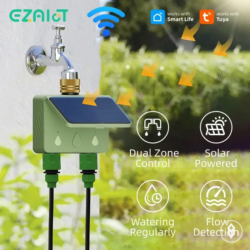 Temporizador de agua WiFi de dos zonas con alimentación solar para control de riego de jardín