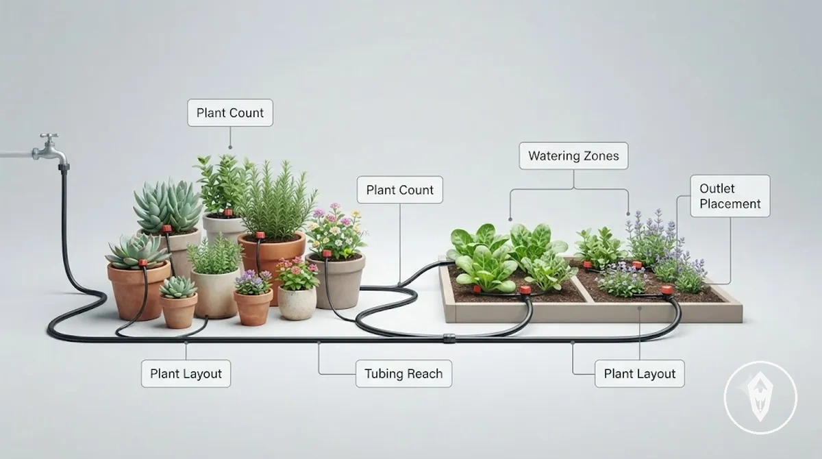Comprobaciones de cobertura vegetal y distribución que muestran tubería, goteros, cobertura vegetal y zonas de riego