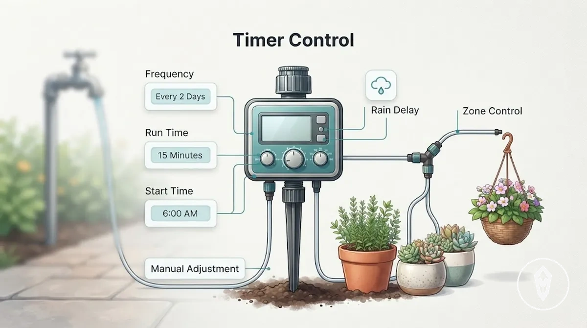 Diagrama que muestra los controles del temporizador que afectan la uniformidad del riego en un kit de riego automático