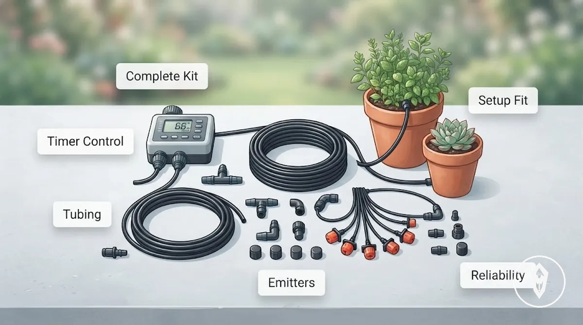 Partes de un kit de riego automático dispuestas para mostrar criterios de selección, incluidos temporizador, tubos y emisores