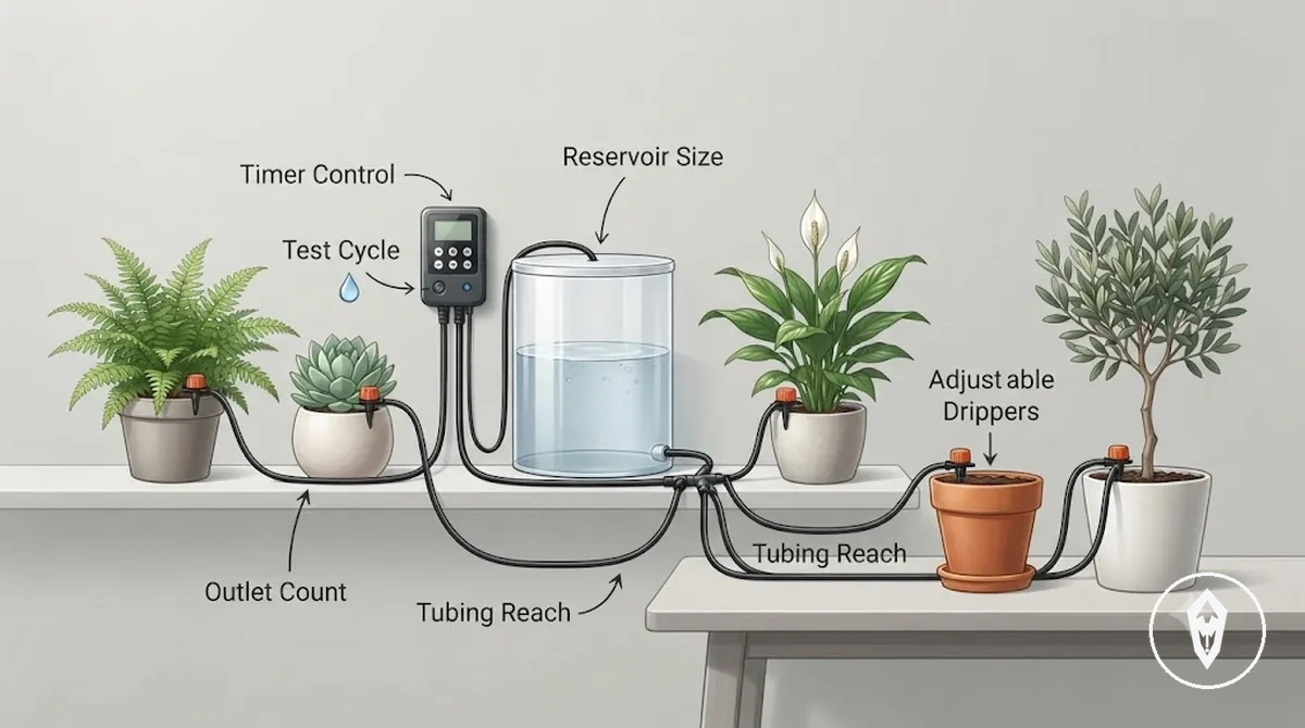 Elementos de selección de un kit de riego automático para el cuidado desatendido de plantas con programador, depósito, tubos y goteros
