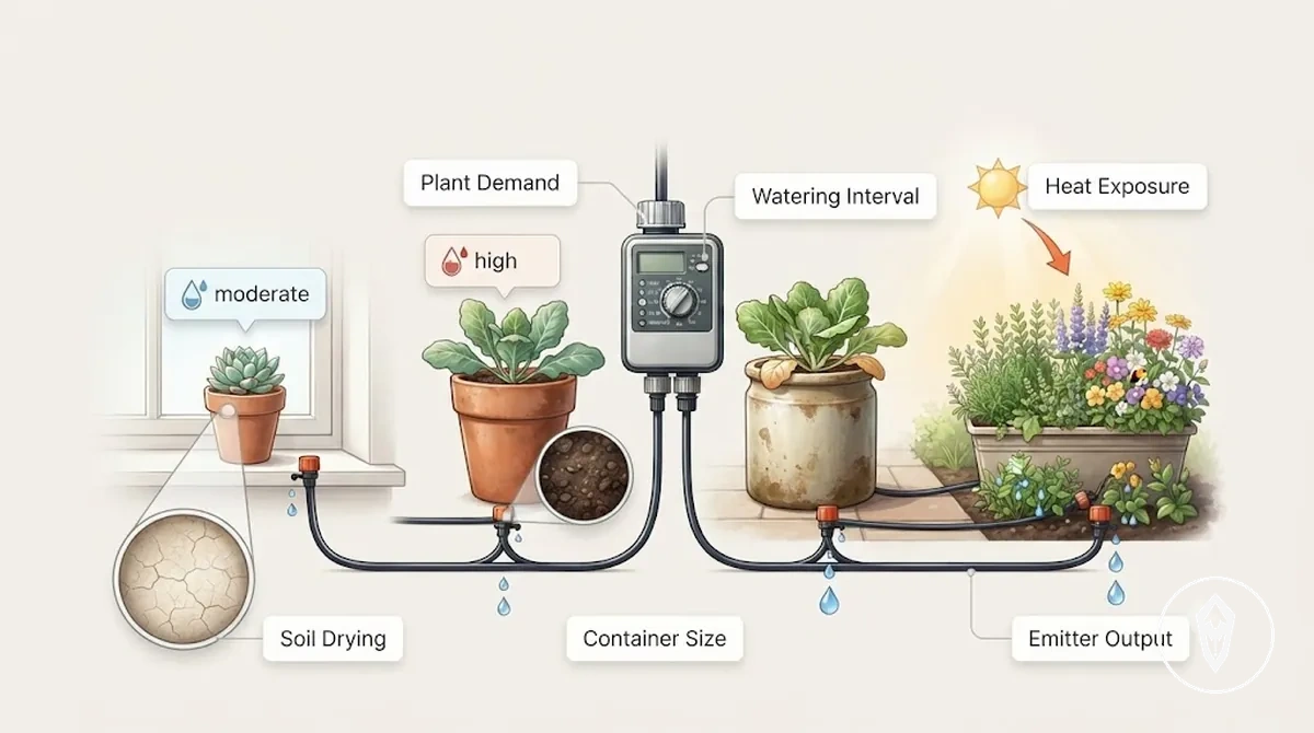 Diagrama que muestra cómo establecer la frecuencia según las necesidades de la planta y el recipiente usando las condiciones del recipiente y los intervalos de riego