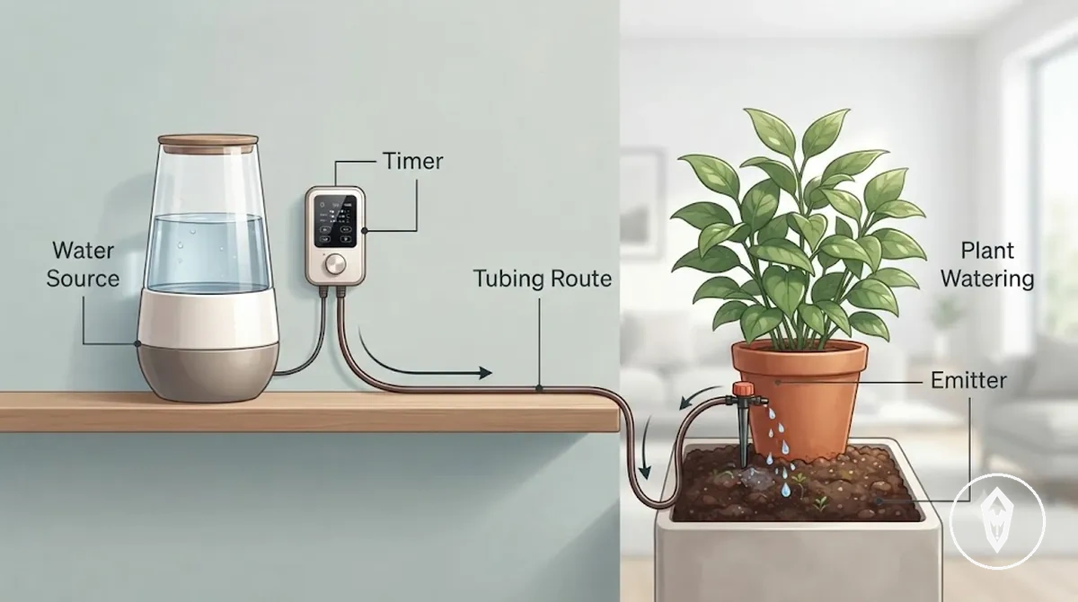 Diagrama que muestra cómo un kit de riego automático mueve agua desde una fuente a través de la tubería hasta salidas de goteo