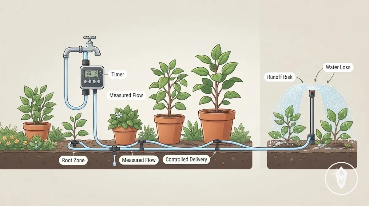 Diagrama que muestra un temporizador de kit de riego automático, tubos, suministro en zona radicular y reducción de escorrentía alrededor de las plantas
