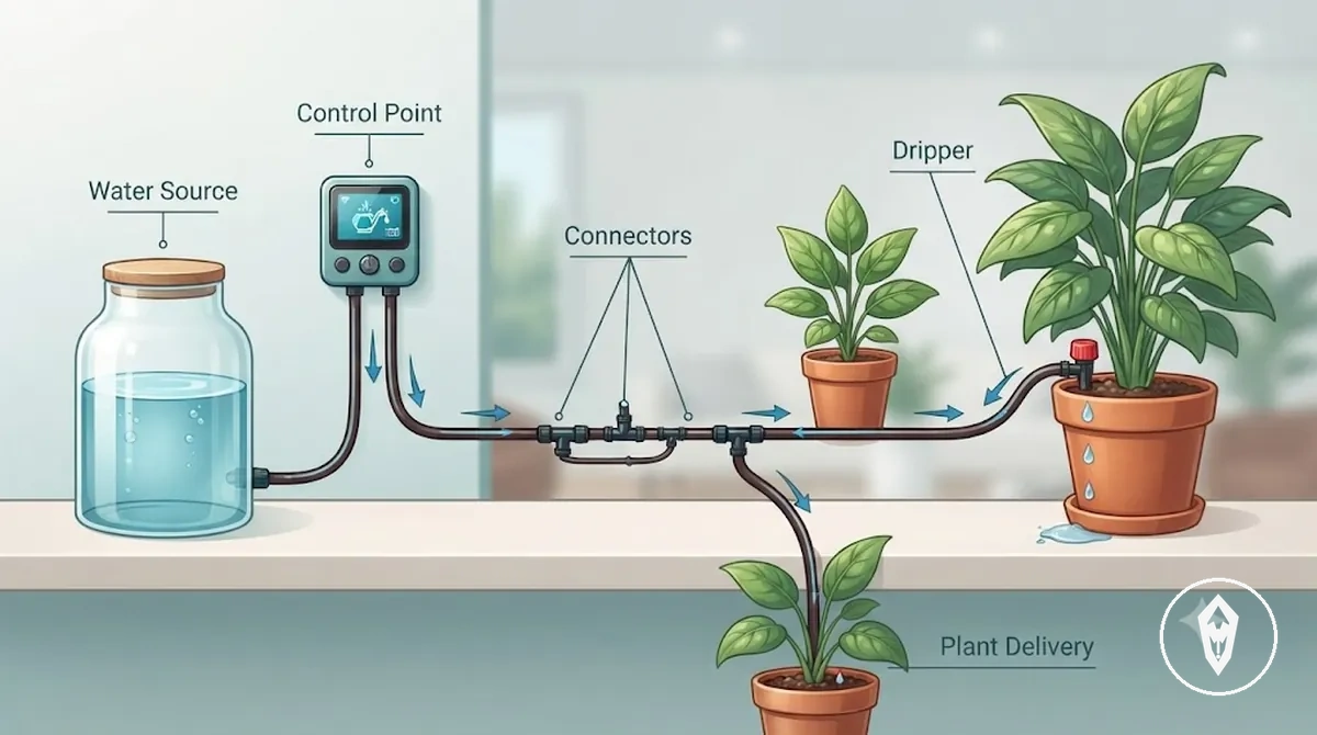 Ruta del agua de un kit de riego automático etiquetada desde la fuente hasta el controlador, tubería, conectores y salida de goteo