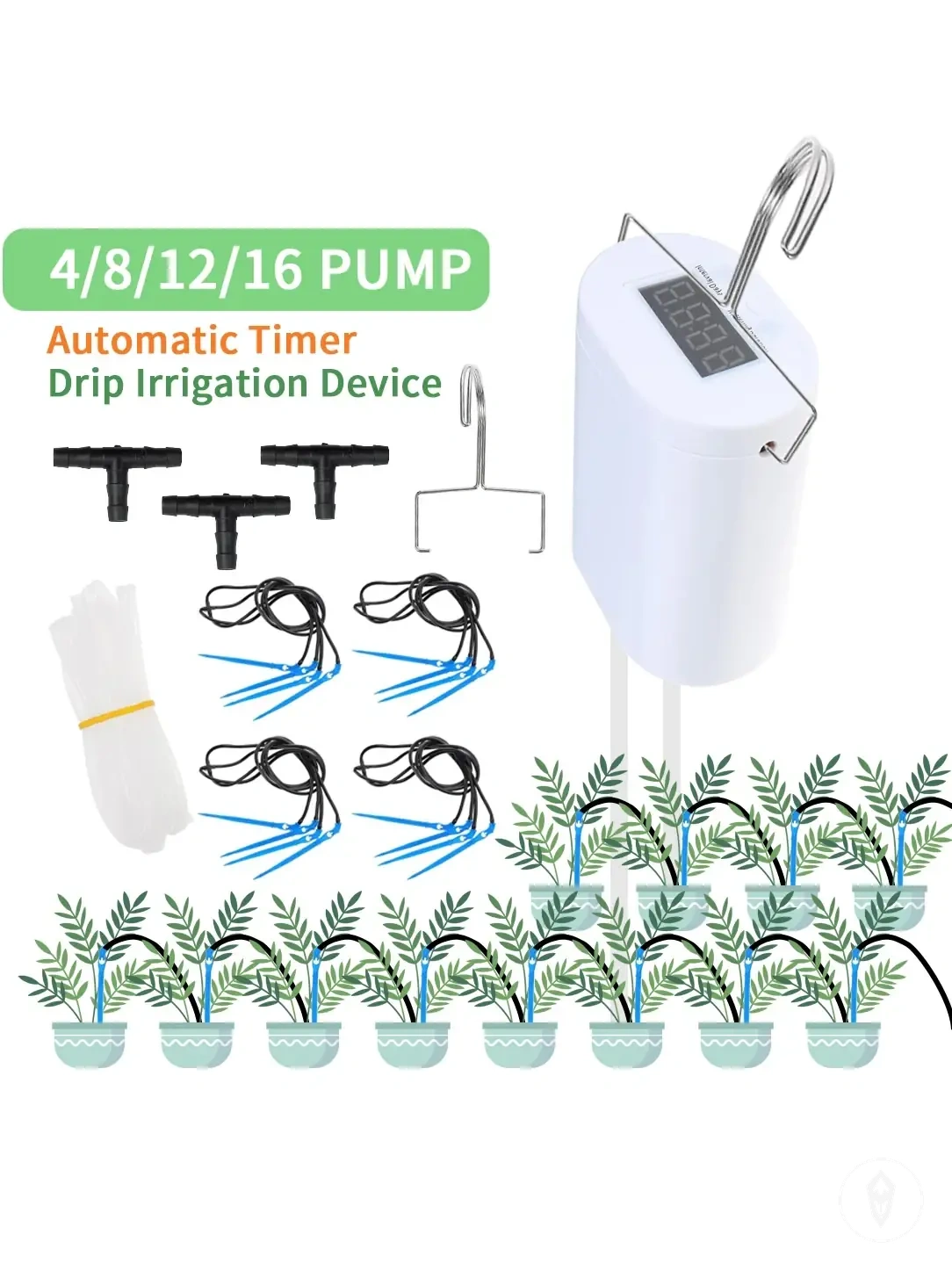 Kit d’arrosage avec pompe et programmateur, avec plusieurs têtes pour l’irrigation des plantes de jardin