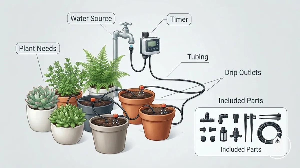 Kit d arrosage automatique en adéquation montrant plantes source d eau programmateur tuyaux et sorties goutteurs