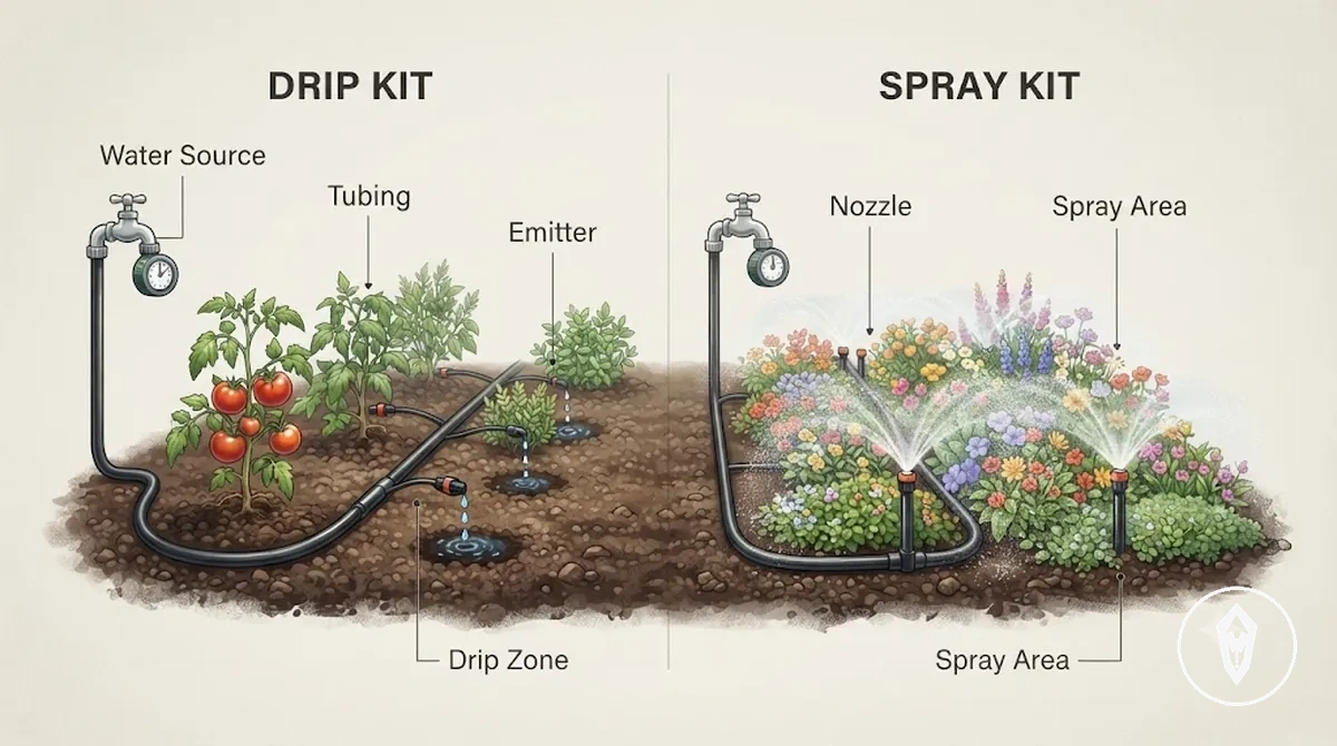 Schéma montrant l’application de l’eau par goutteur et buse d’aspersion dans les kits d’arrosage automatique