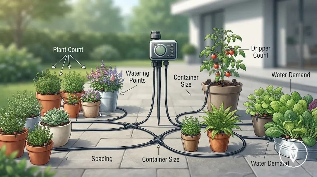 Agencement d’un kit d’arrosage multi-plantes montrant le nombre de plantes, les goutteurs et l’espacement des conteneurs