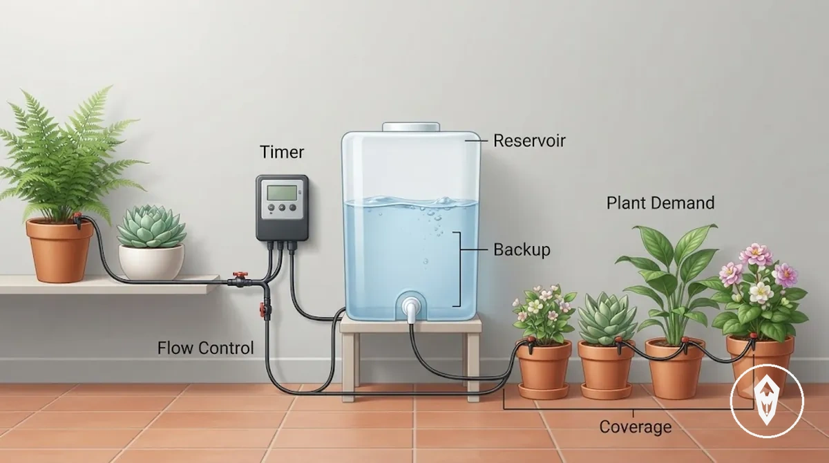 Exigences d’un kit d’arrosage automatique pour l’arrosage pendant les vacances comprenant une minuterie, un réservoir, des tuyaux, des goutteurs et des plantes en pot
