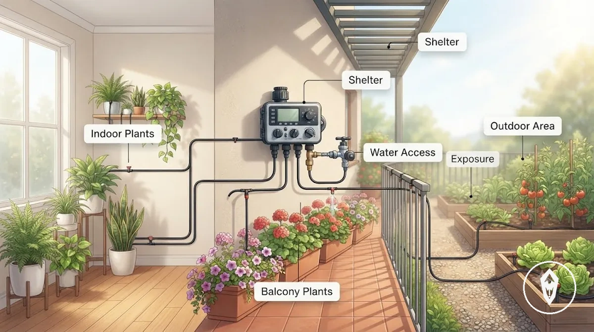 Graphique comparatif des conditions de compatibilité intérieure, extérieure et sur balcon pour les kits d arrosage automatique