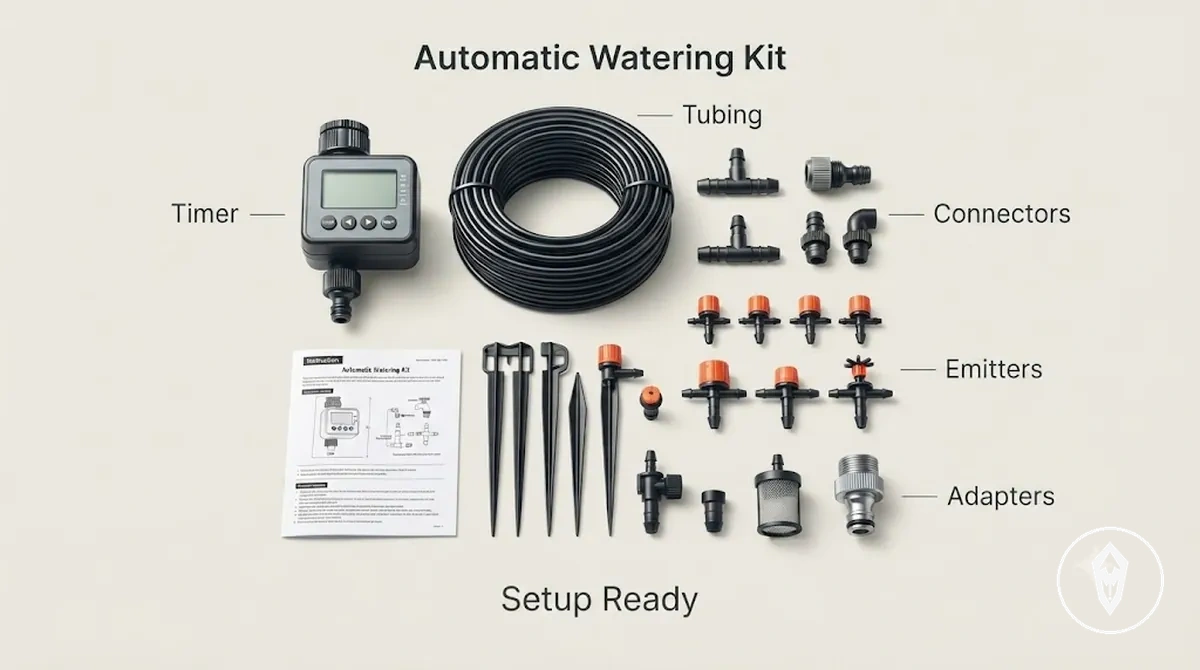 Contenu annoté d’un kit d’arrosage automatique montrant la minuterie, les tuyaux, les raccords, les goutteurs et les accessoires