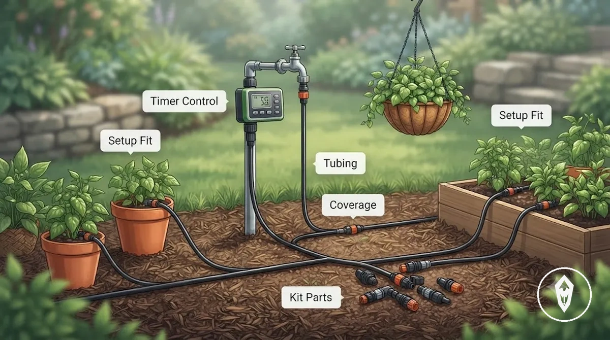 Ce que signifient le coût et la valeur pour les kits d’arrosage automatique, illustré avec des pièces de kit et des conditions d’installation
