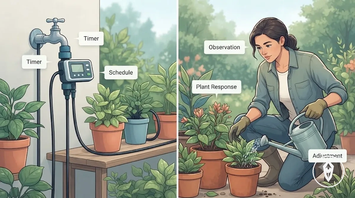 Comparaison entre le minuteur d’un kit d’arrosage automatique et l’arrosage manuel montrant la distribution programmée et l’observation des plantes