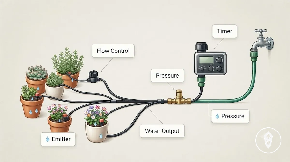 Diagramme montrant comment les réglages du programmateur, le débit de sortie et la pression fonctionnent ensemble dans un kit d’arrosage automatique