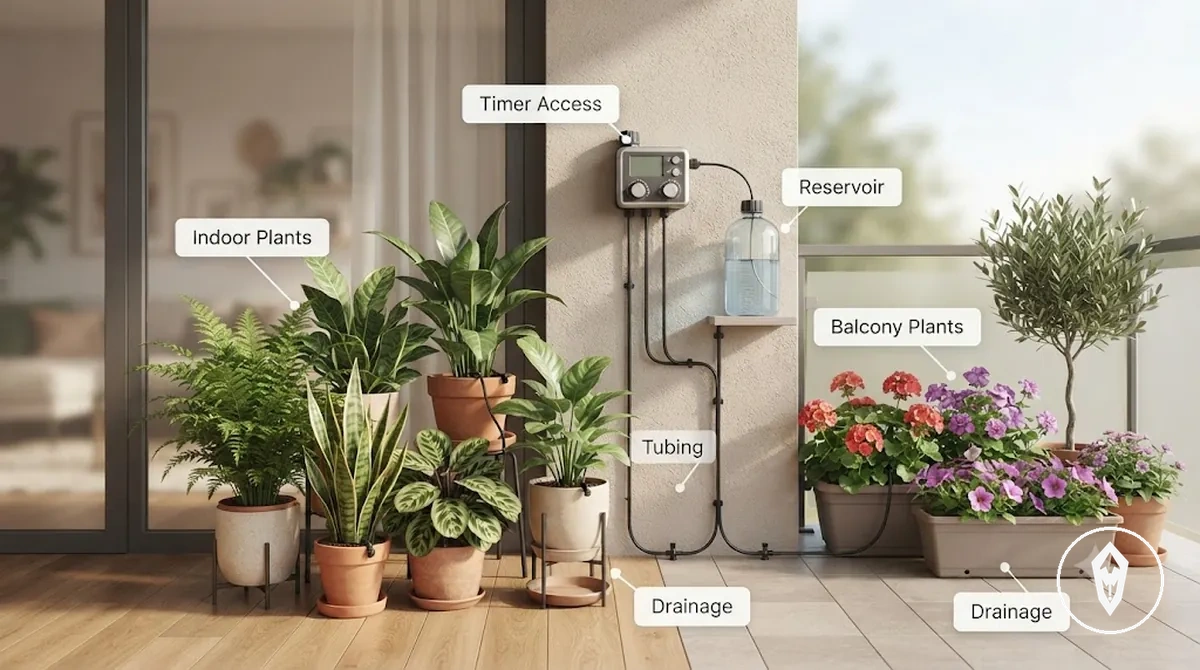 Installation d arrosage automatique abrité pour plantes d intérieur et conteneurs de balcon