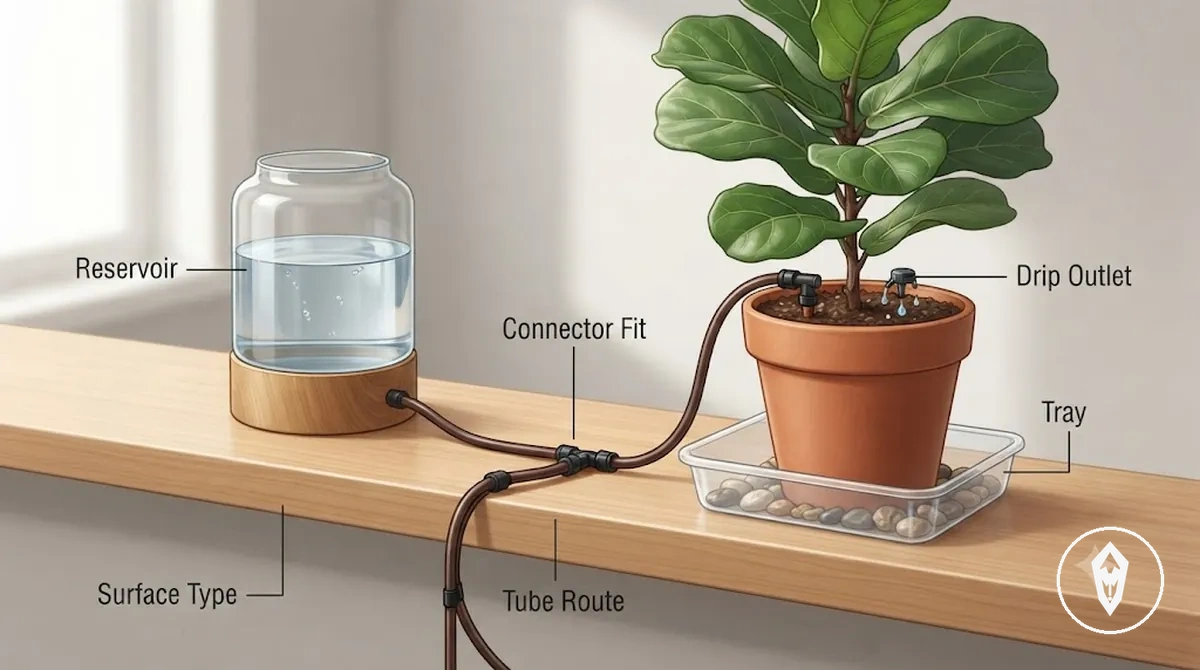 Composants du kit d arrosage automatique près des surfaces intérieures montrant les vérifications de placement du réservoir du tube et du raccord
