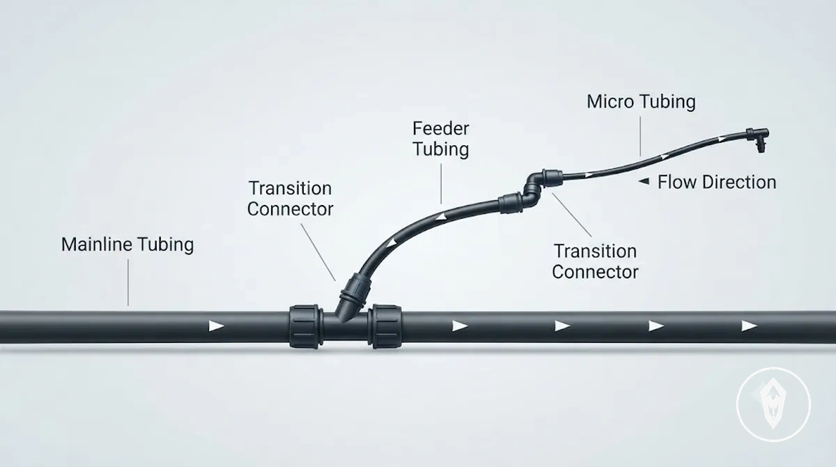 Tuyau principal, tuyau d’alimentation et micro-tuyau avec connecteur de transition dans un schéma d’arrosage automatique