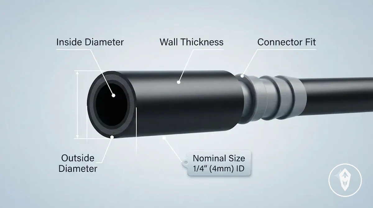 Points de mesure de la taille des tuyaux montrant le diamètre intérieur, le diamètre extérieur et la zone d’ajustement du connecteur