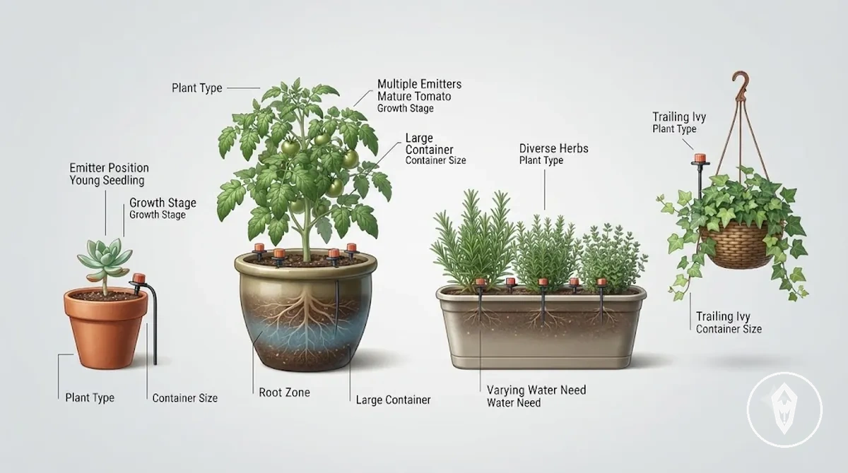 Exemple annoté montrant différentes plantes, tailles de conteneurs, positions de goutteurs et surfaces de sol
