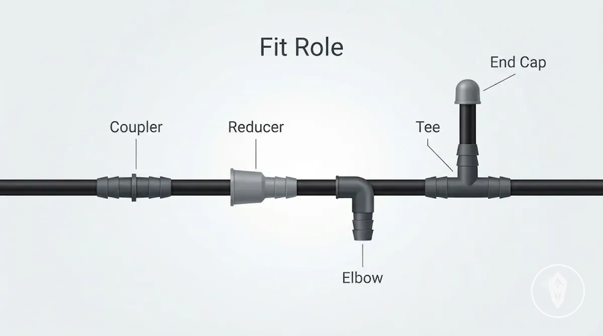 Types de raccords pour tuyaux de kit d’arrosage automatique, incluant té, coude, réducteur et bouchon d’extrémité