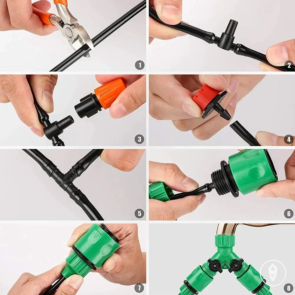 Kit de microgotejamento de 50 m com mangueira e gotejadores ajustáveis para plantas externas