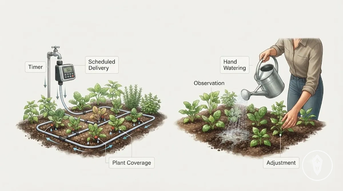 Comparação entre kit de irrigação automática e rega manual mostrando entrega programada e cuidado manual com plantas