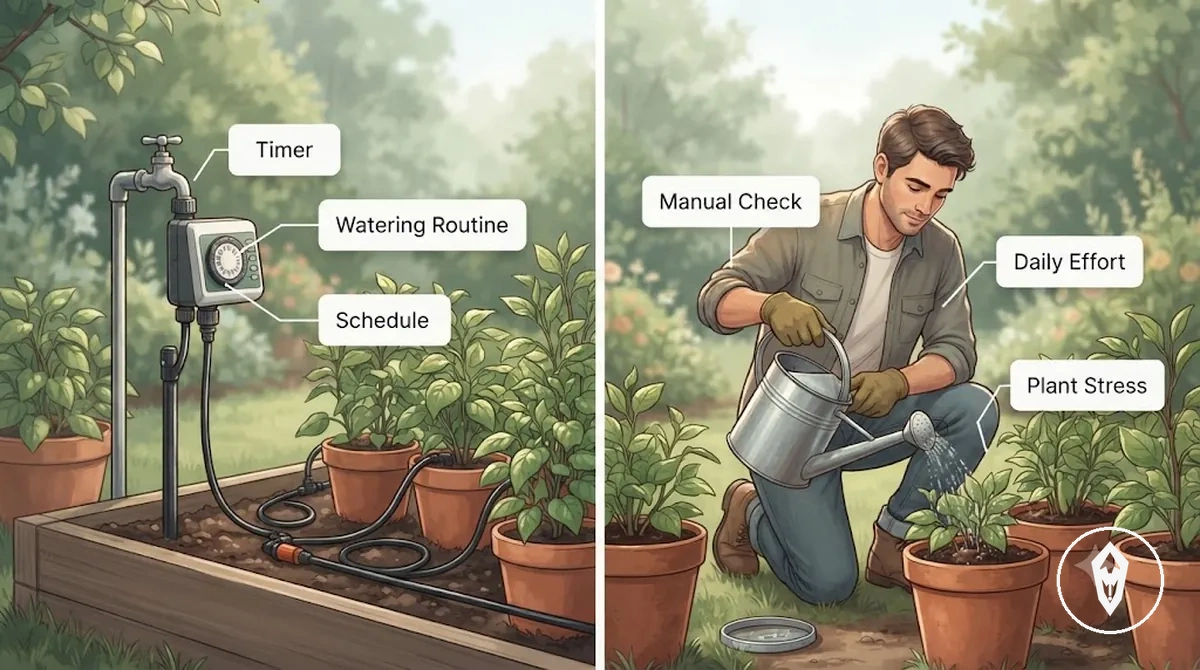 Comparação entre kit de irrigação automática e rega manual mostrando esforço da rotina e cronograma de cuidados com plantas