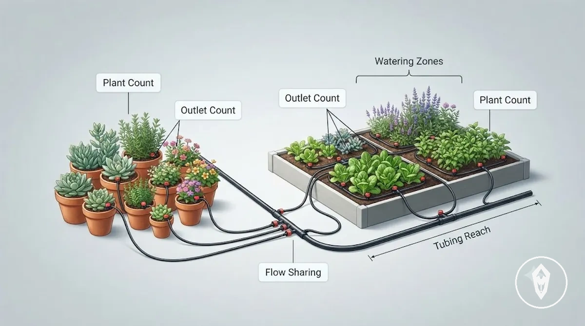 Quantidade de plantas e zonas de irrigação de kit de irrigação automática com mangueiras e gotejadores