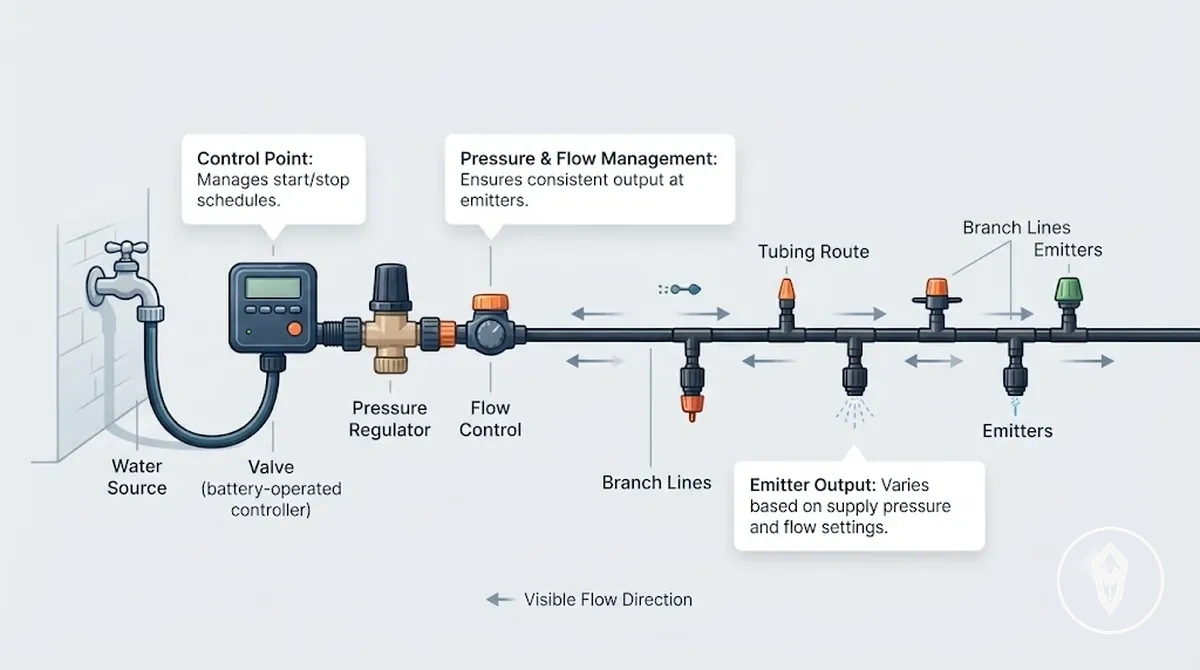 Diagrama do kit de irrigação automática mostrando fonte de água, regulador de pressão, válvula, tubos e emissores