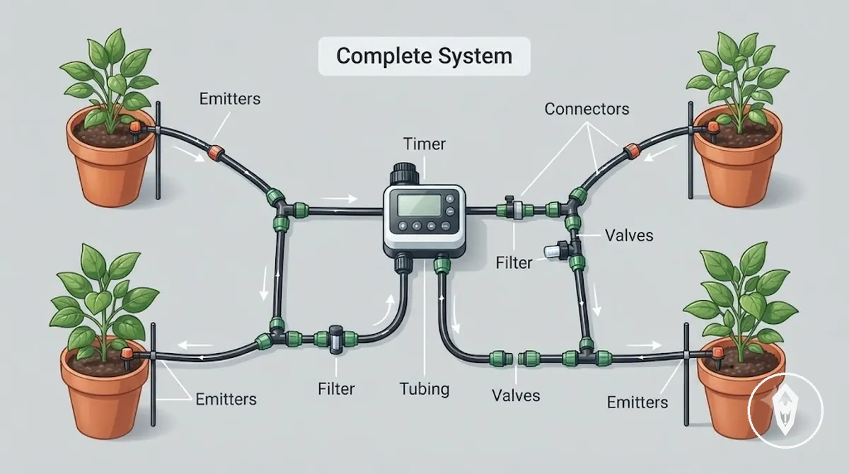 Partes do kit de irrigação automática organizadas por função de distribuição e controle de água