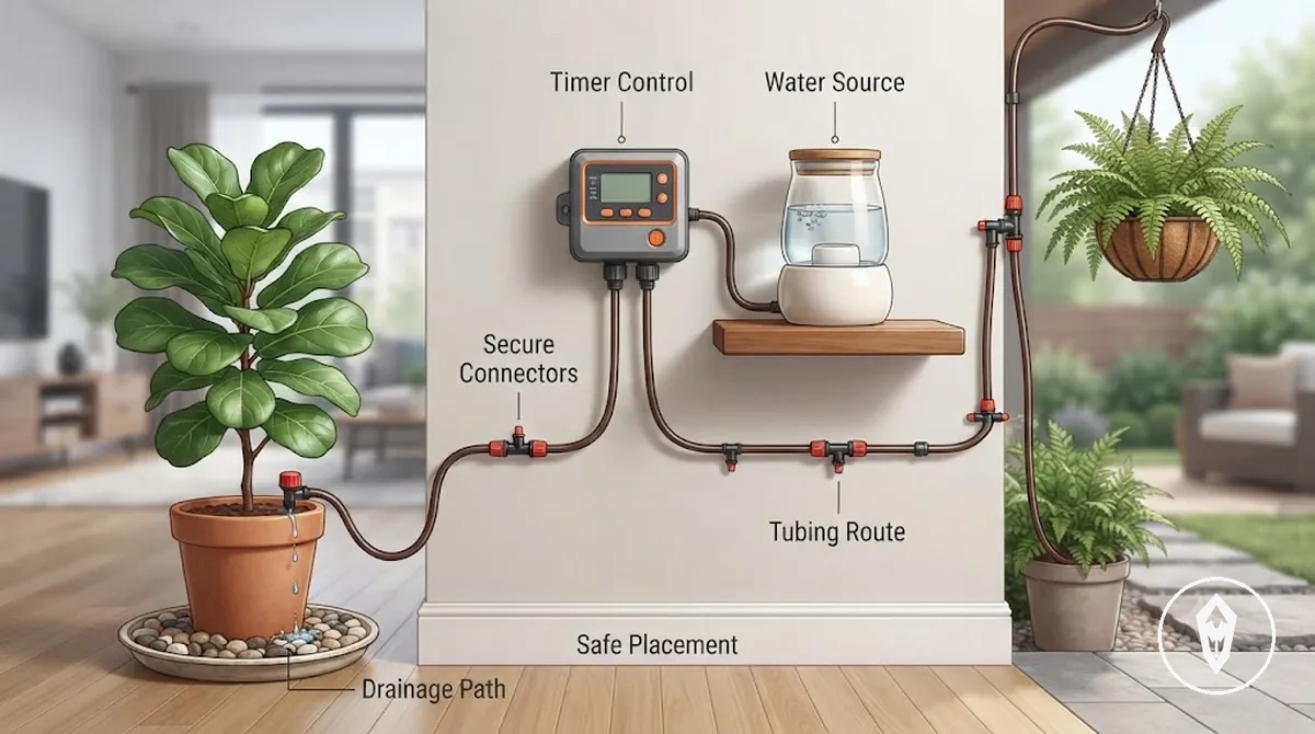 Condições de segurança de kit de irrigação automática mostrando posicionamento, controle de água e verificação de componentes